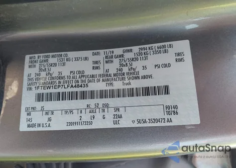 2020 Ford F-150 Xl z USA, uszkodzony, nr VIN 1FTEW1EP7LFA48435